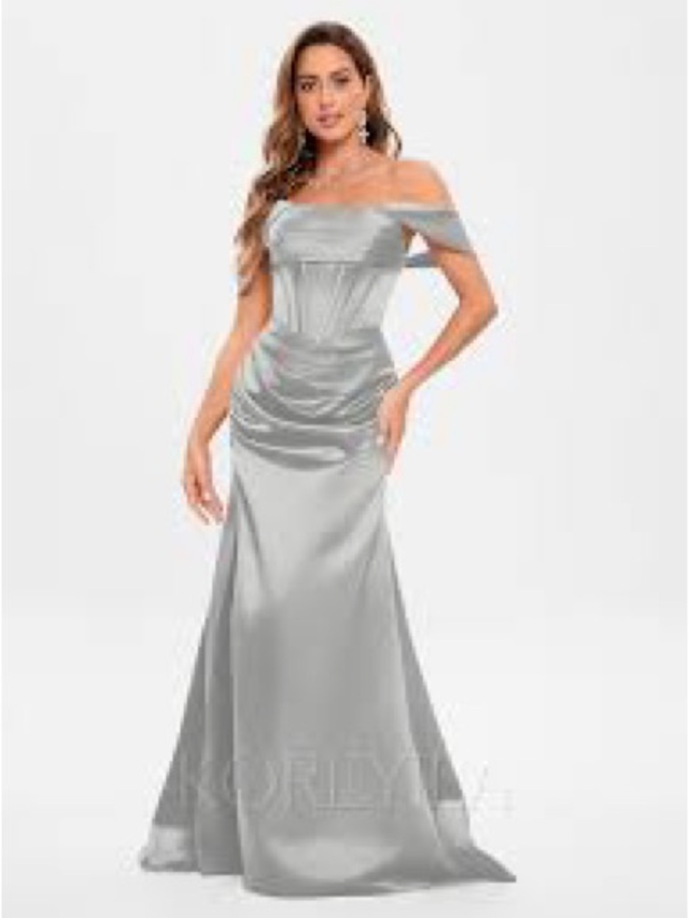 Off-Shoulder Sage Satin Evening Gown